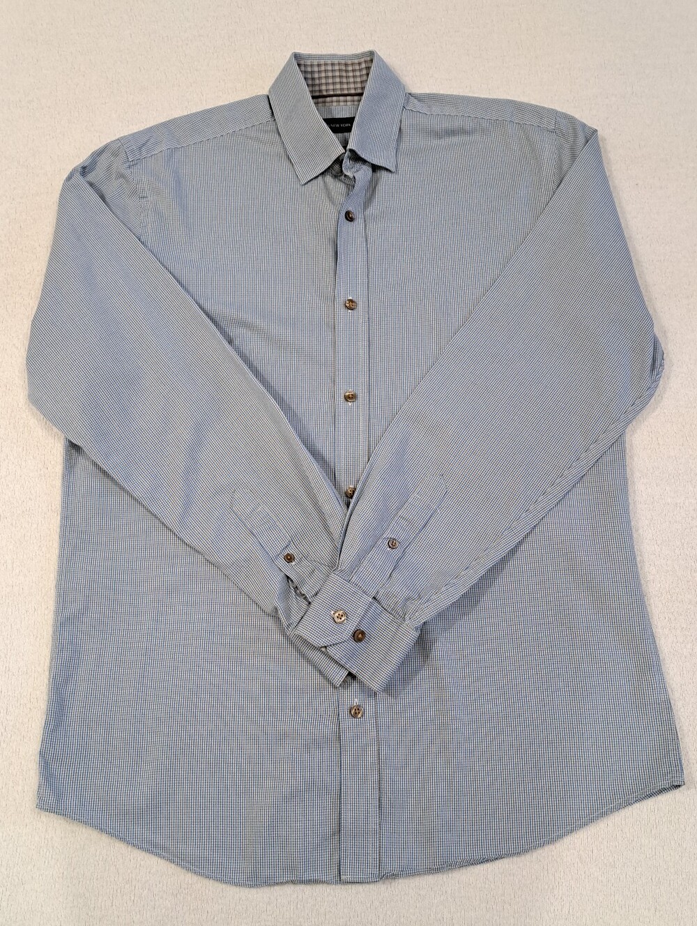 Jones New York Micro-Check Dress Shirt Mens Medium Blue Tan Brown Collared